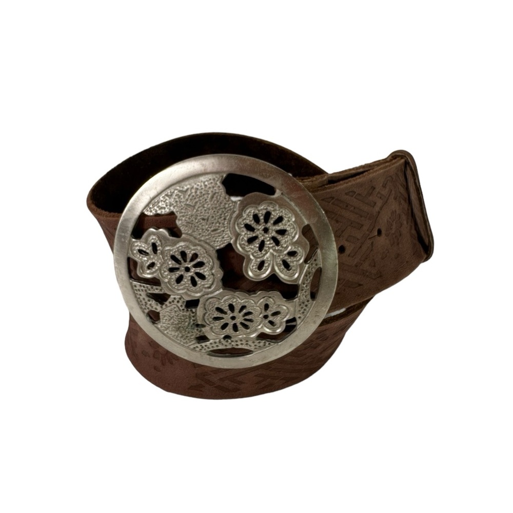 Stunning vintage genuine VENTILO wide brown leather belt 33 flower buckle